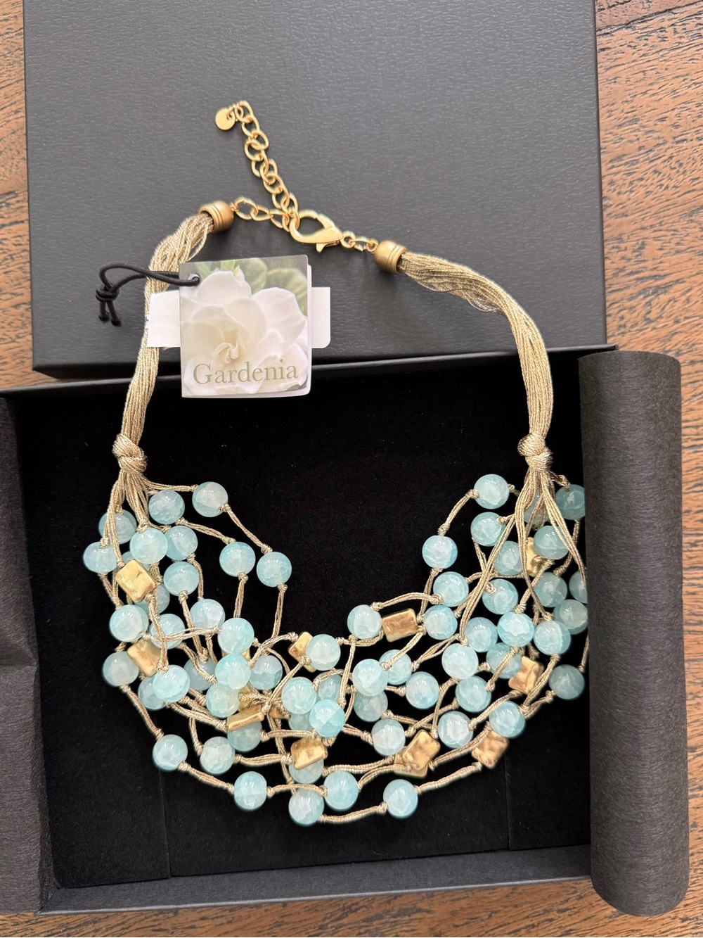 NWT Gardenia Handmade Gold-Tone Multi-Strand Necklace with Aqua Beads